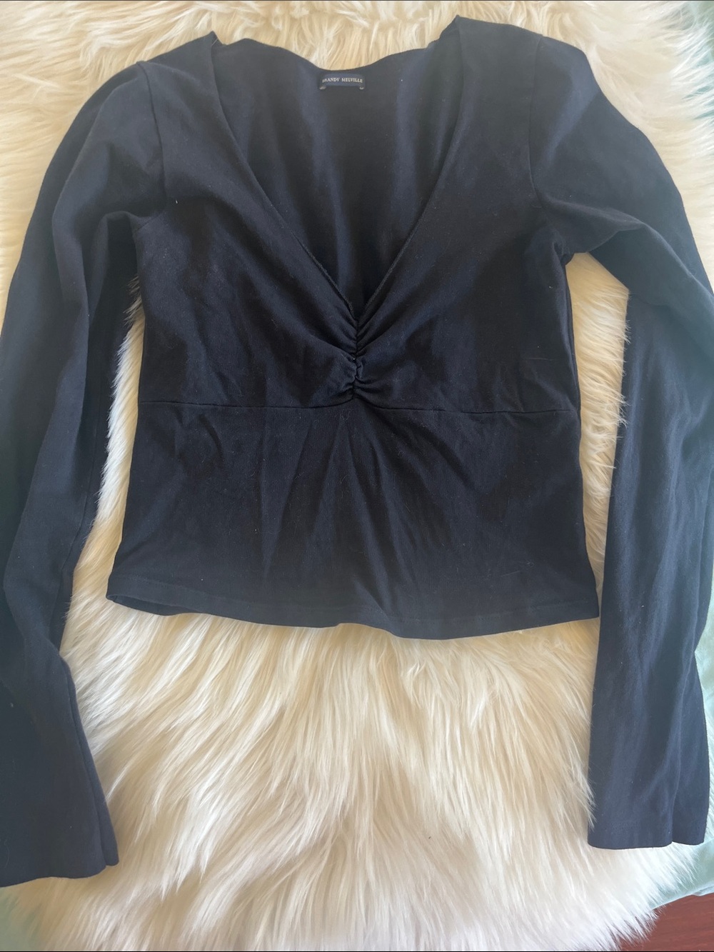 Brandy Melville Long Sleeve Black V‑Neck Gathered Front Top
